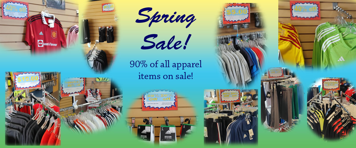 Soccer Center's Spring Sale - apparel items on sale throughout the store