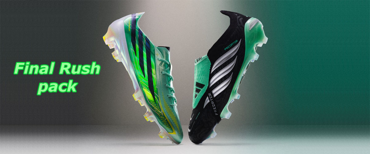 Final Rush pack of footwear from adidas, featuring the new Predator and F50 Hyperfast shoes, now available at Soccer Center